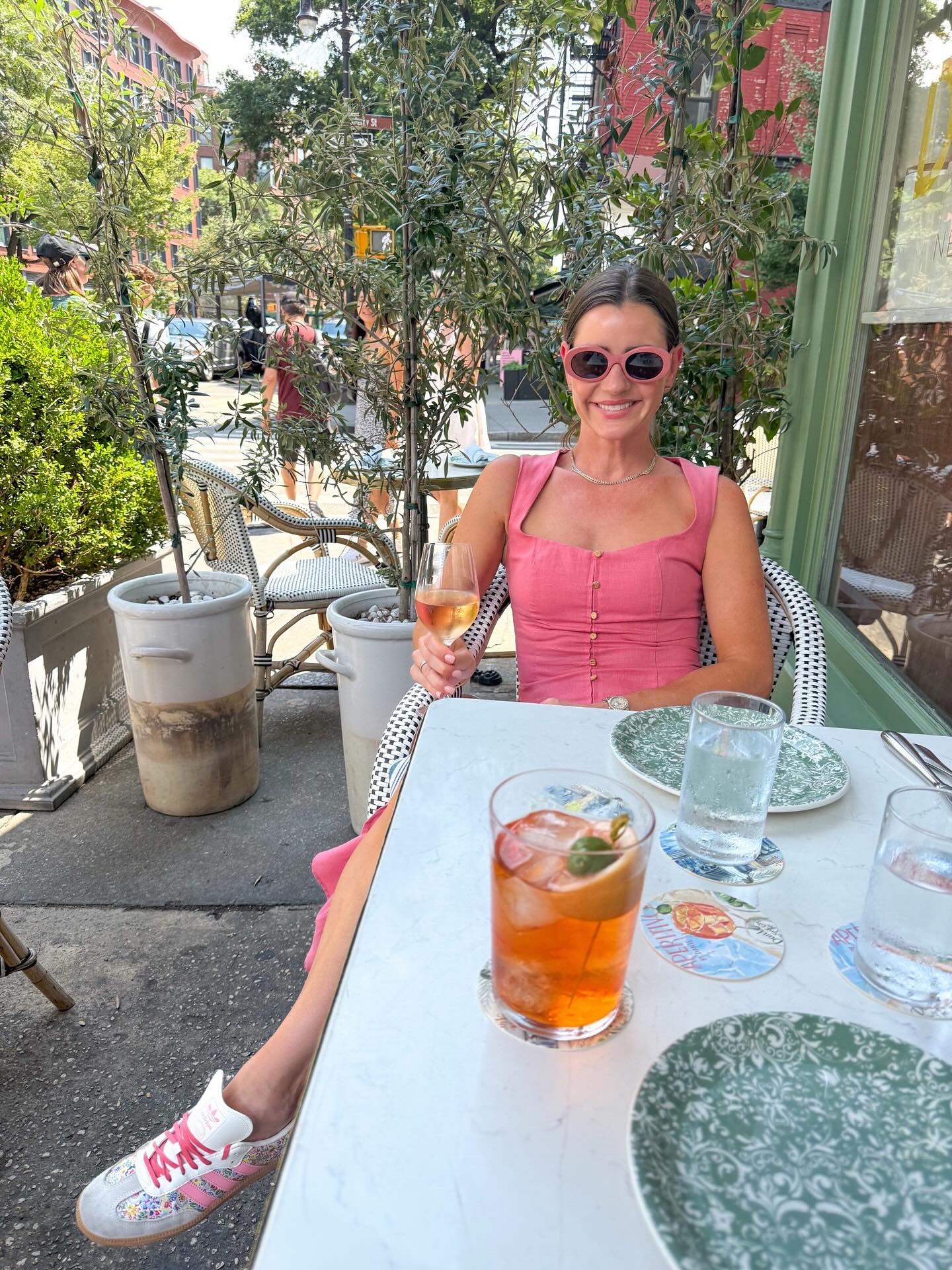 A Rose Pink Button-Front Dress with Playful Sneakers for Patio Lunch